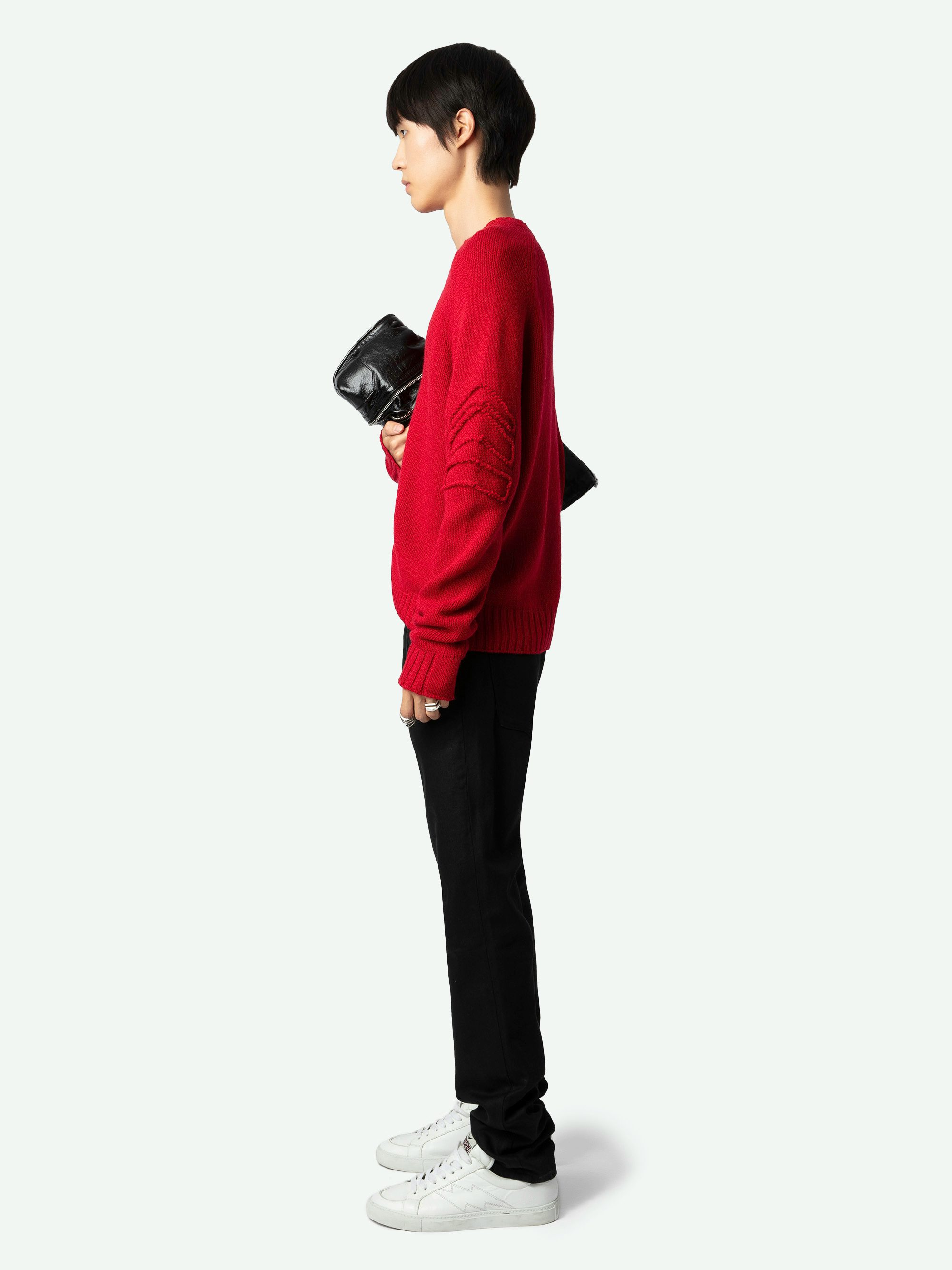 Jordan Arrow Sweater - Long-sleeved red merino wool sweater with raised arrows on the left arm.